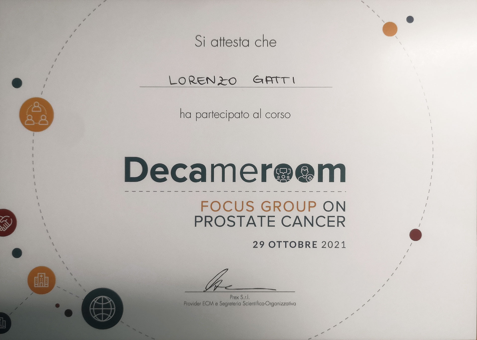 attestato partecipazione dott gatti decameroom focus prostate cancer